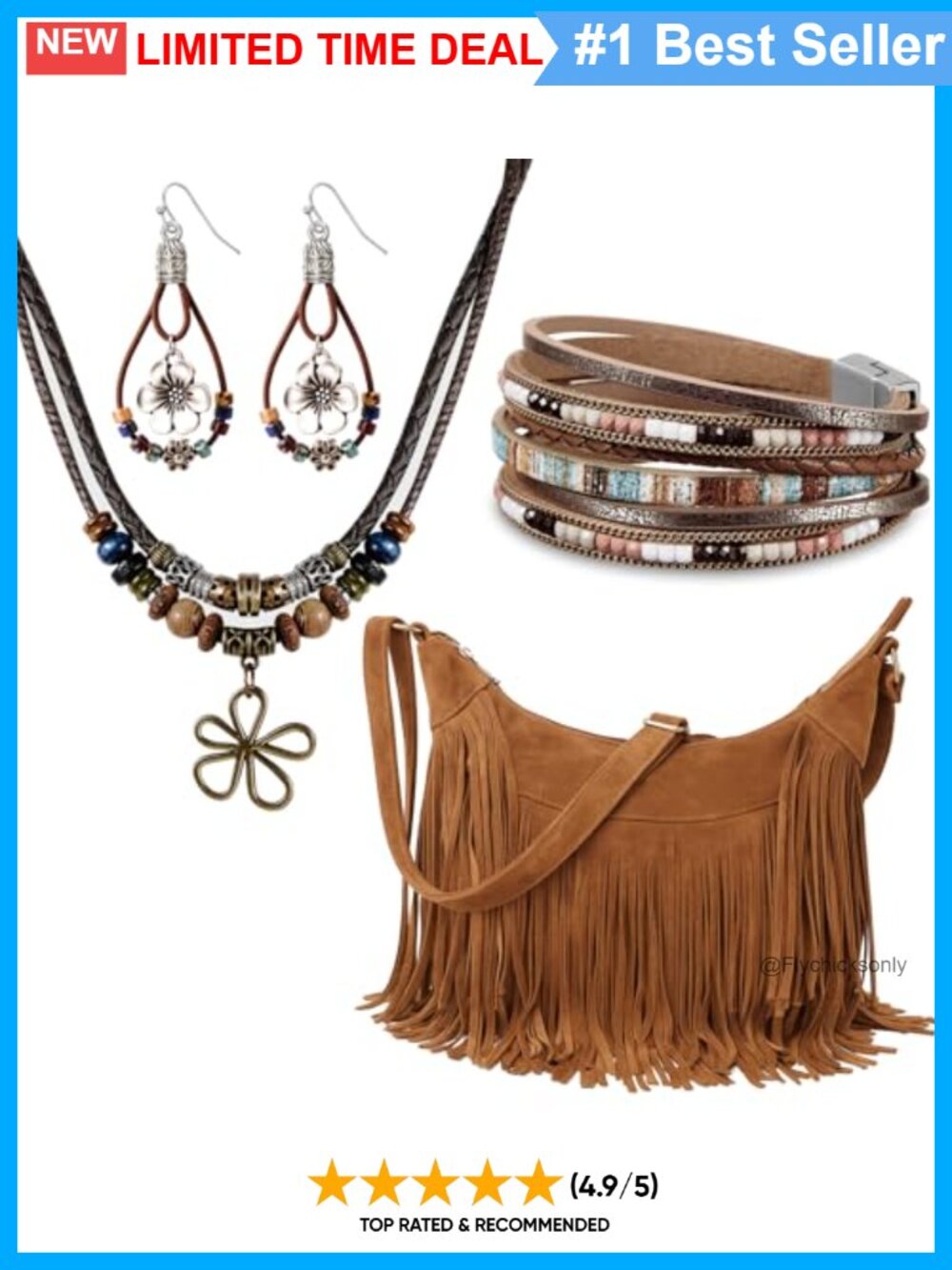 Boho Jewelry Set with Fringe Crossbody Purse Leather Cord Bracelet